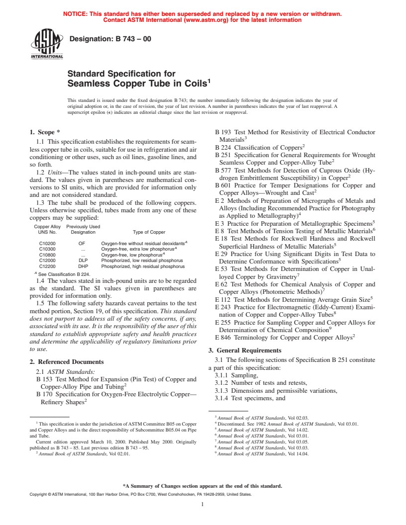 ASTM B743-00 - Standard Specification for Seamless Copper Tube in Coils