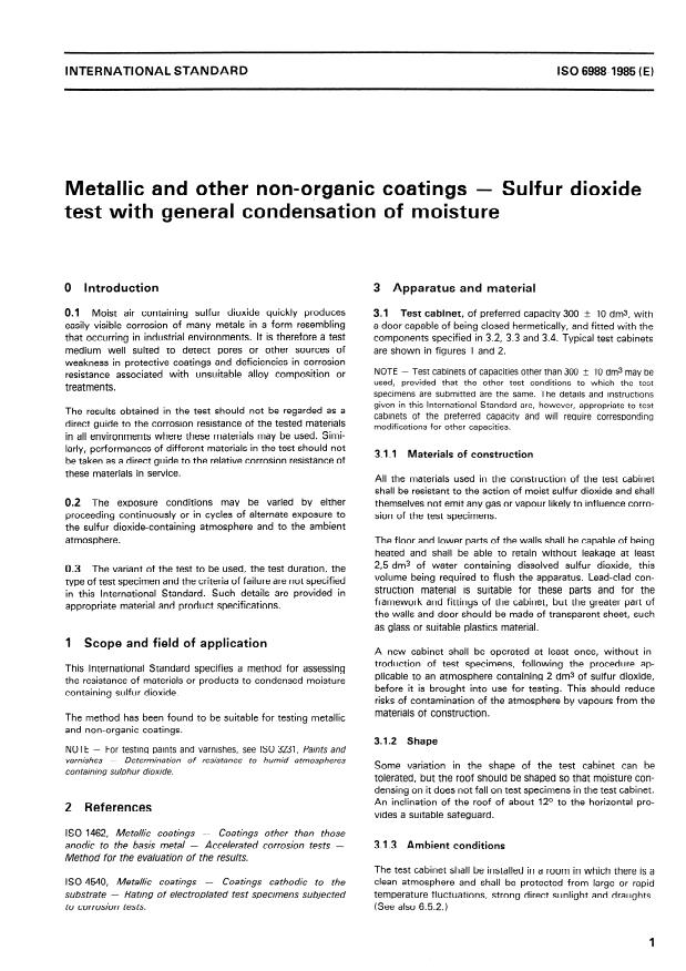 ISO 6988:1985 - Metallic and other non organic coatings -- Sulfur dioxide test with general condensation of moisture