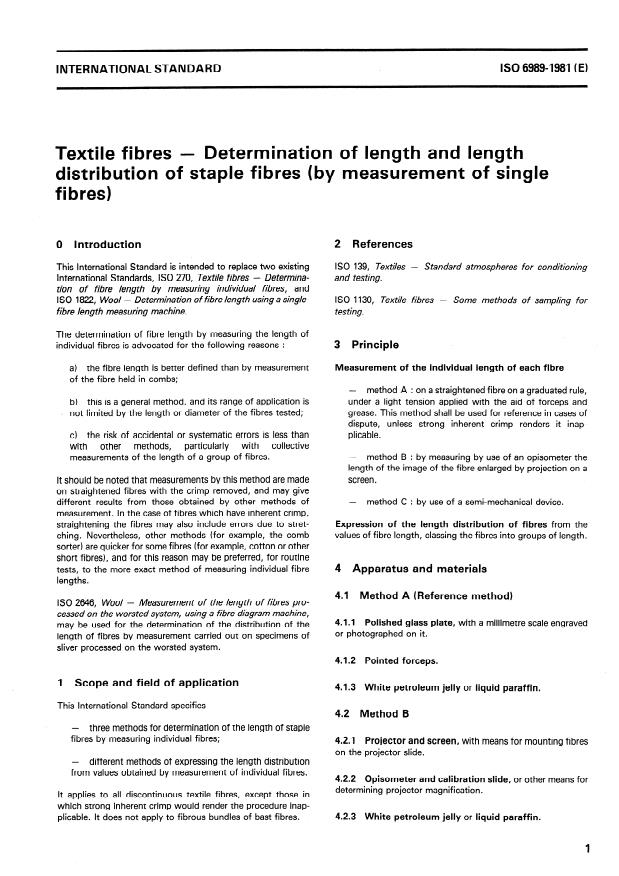 ISO 6989:1981 - Textile fibres -- Determination of length and length distribution of staple fibres (by measurement of single fibres)