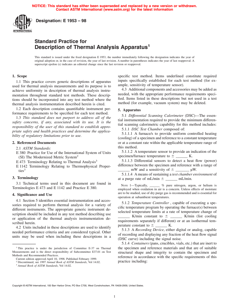 ASTM E1953-98 - Standard Practice for Description of Thermal Analysis Apparatus