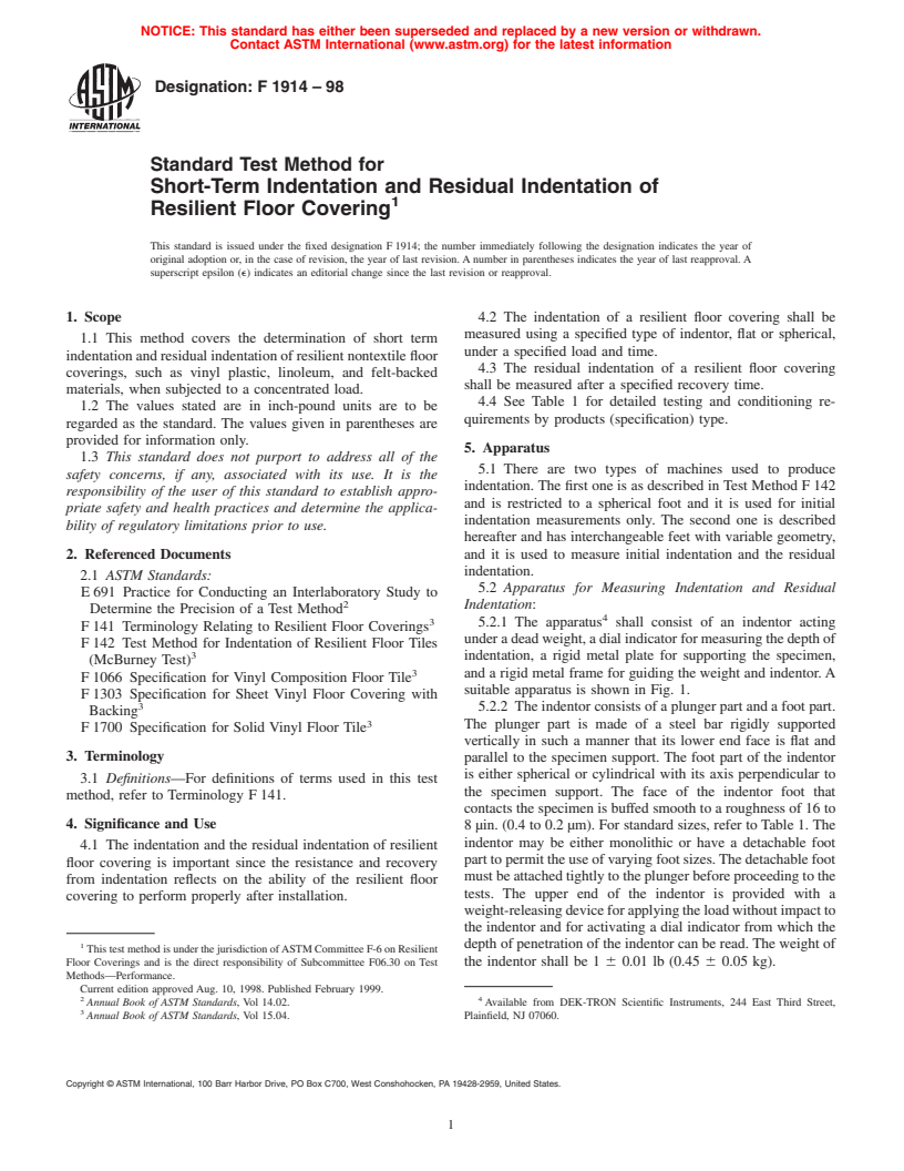 ASTM F1914-98 - Standard Test Method for Short-Term Indentation and Residual Indentation of Resilient Floor Covering