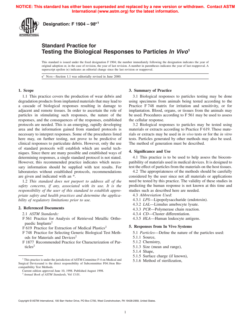 ASTM F1904-98e1 - Standard Practice for Testing the Biological Responses to Particles In Vivo