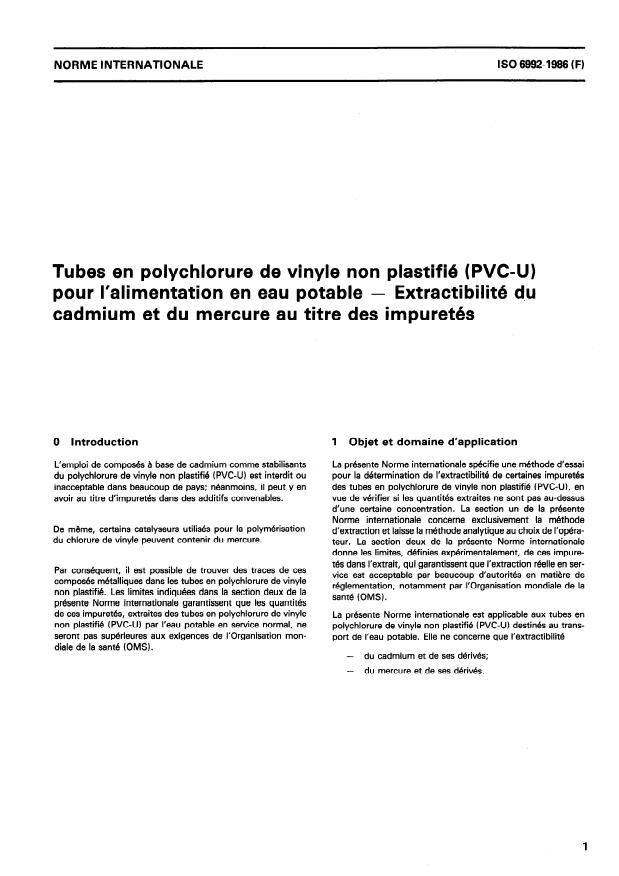 ISO 6992:1986 - Tubes en polychlorure de vinyle non plastifié (PVC-U) pour l'alimentation en eau potable -- Extractibilité du cadmium et du mercure au titre des impuretés