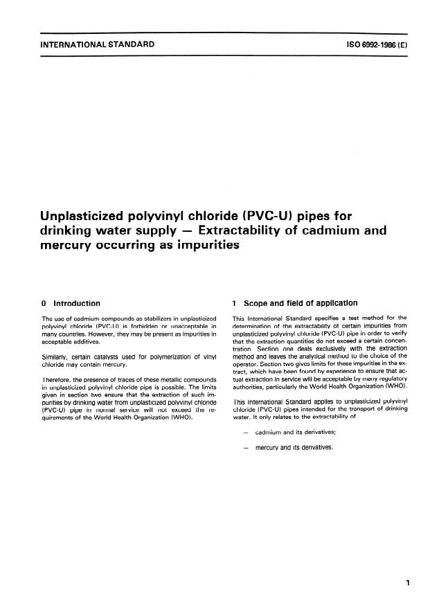 ISO 6992:1986 - Unplasticized polyvinyl chloride (PVC-U) pipes for drinking water supply -- Extractability of cadmium and mercury occurring as impurities