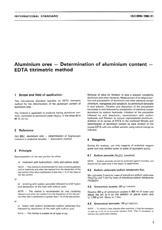ISO 6994:1986 - Aluminium ores -- Determination of aluminium content -- EDTA titrimetric method