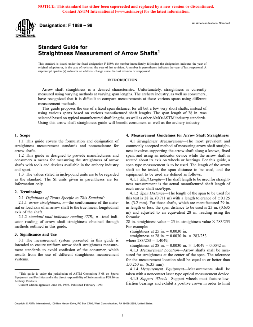 ASTM F1889-98 - Standard Guide for Straightness Measurement of Arrow Shafts