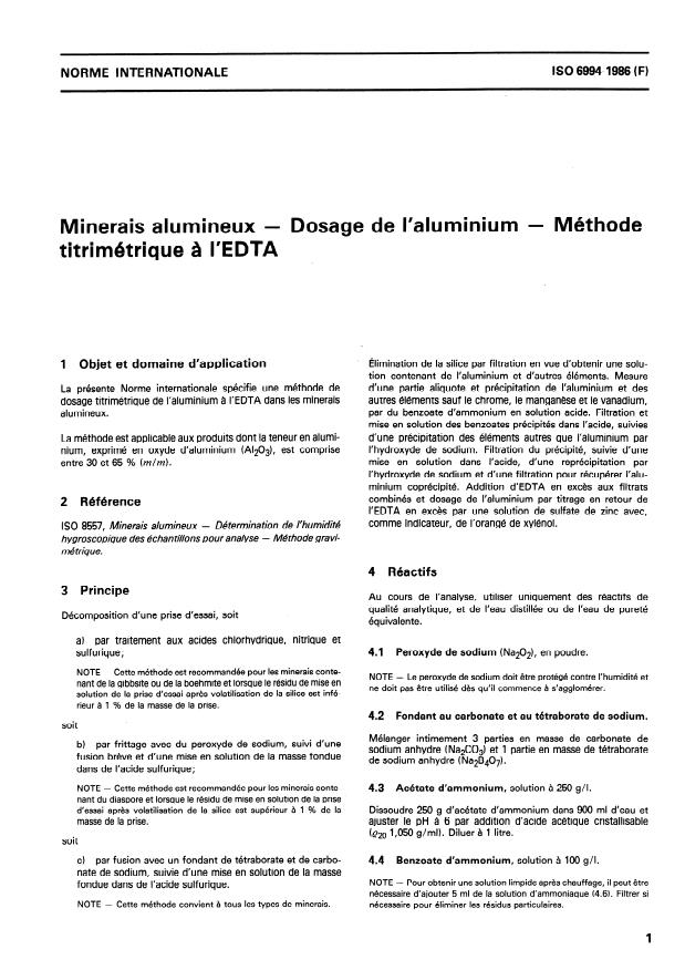 ISO 6994:1986 - Minerais alumineux -- Dosage de l'aluminium -- Méthode titrimétrique a l'EDTA