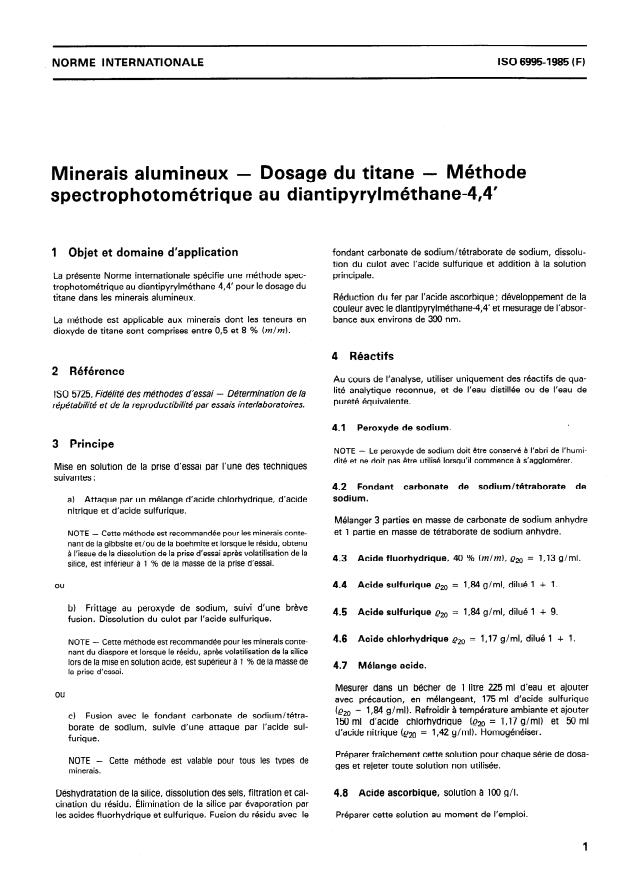 ISO 6995:1985 - Minerais alumineux -- Dosage du titane -- Méthode spectrophotométrique au diantipyrylméthane-4,4'