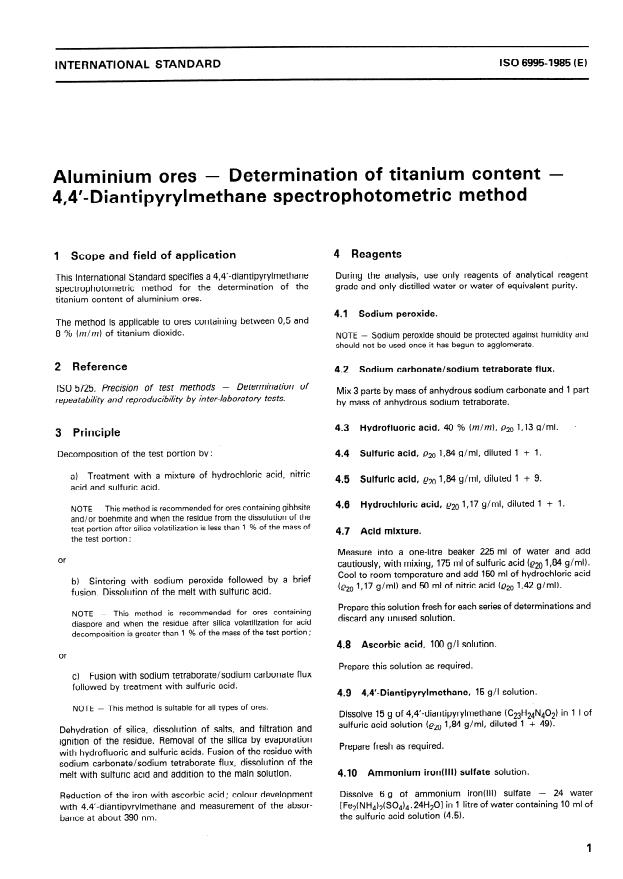 ISO 6995:1985 - Aluminium ores -- Determination of titanium content -- 4,4'-Diantipyrylmethane spectrophotometric method