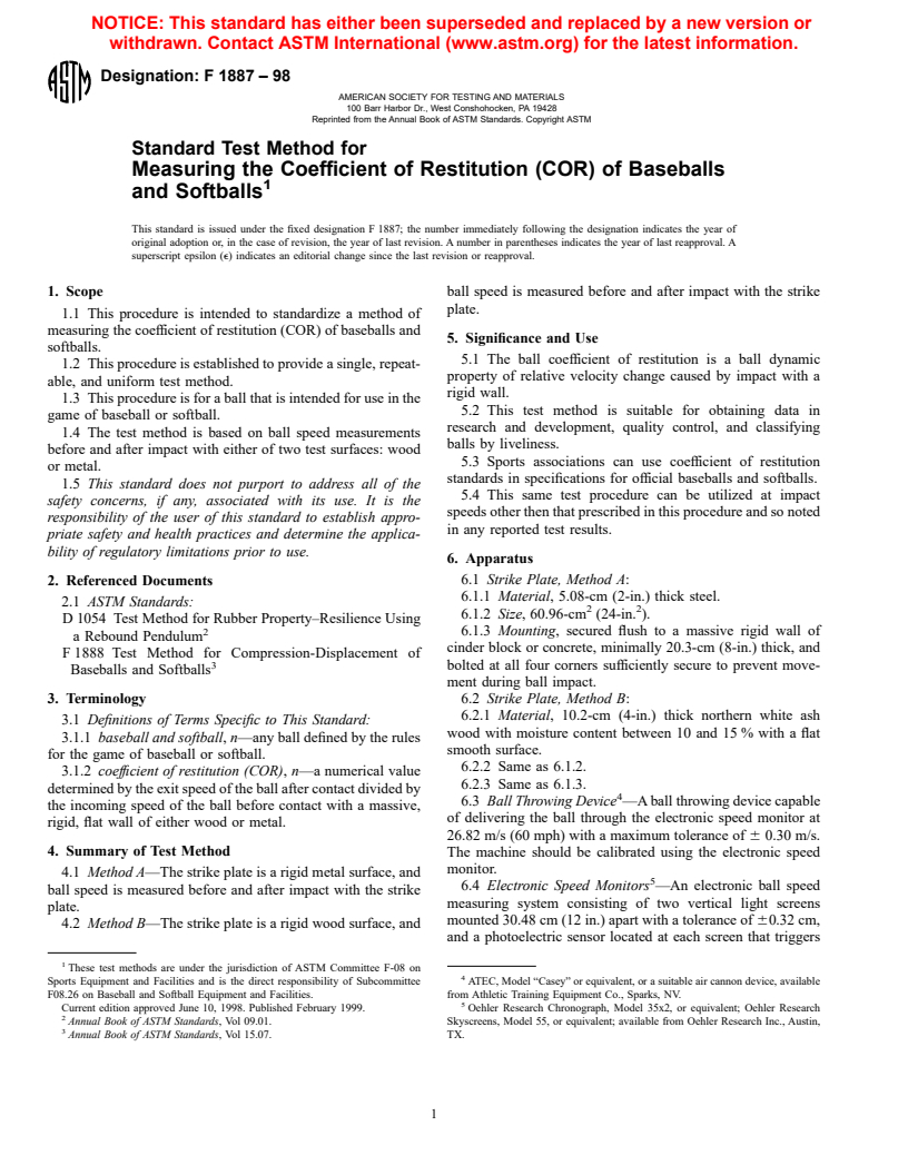 ASTM F1887-98 - Standard Test Method for Measuring the Coefficient of Restitution (COR) of Baseballs and Softballs