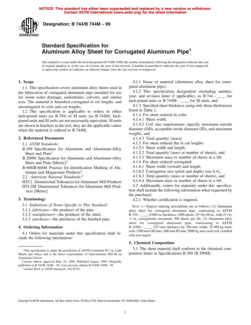 ASTM B744/B744M-99 - Standard Specification for Aluminum Alloy Sheet for Corrugated Aluminum Pipe