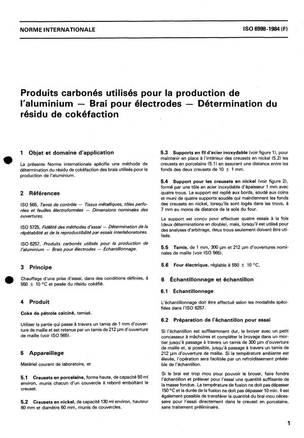 ISO 6998:1984 - Produits carbonés utilisés pour la production de l'aluminium -- Brai pour électrodes -- Détermination du résidu de cokéfaction