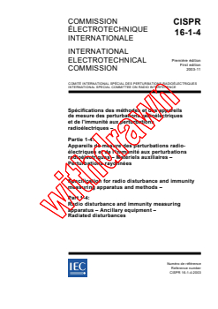 CISPR 16-1-4:2003 - Specification for radio disturbance and immunity measuring apparatus and methods - Part 1-4: Radio disturbance and immunity measuring apparatus - Ancillary equipment - Radiated disturbances
Released:11/21/2003
Isbn:2831872952 - Page 1 preview