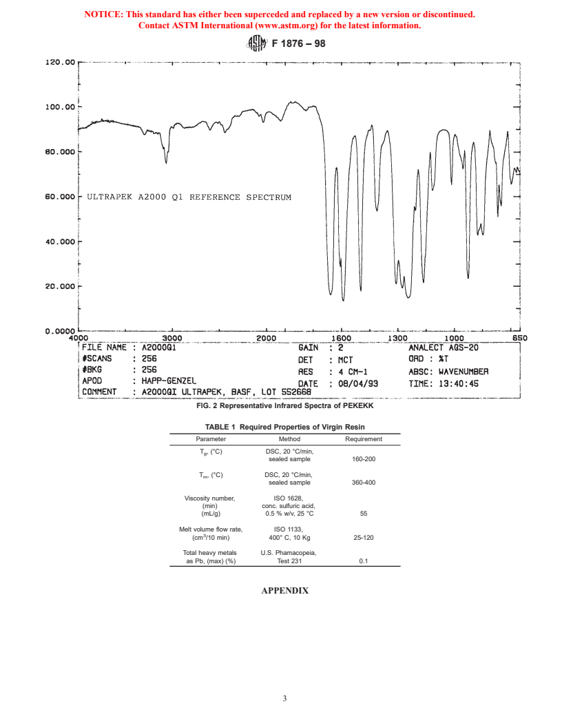 ASTM F1876-98 - Standard Specification for Polyetherketoneetherketoneketone (PEKEKK) Resins for Surgical Implant Applications