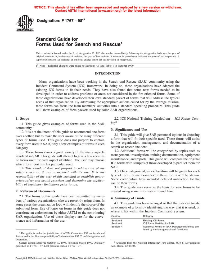 ASTM F1767-98e1 - Standard Guide for Forms Used for Search and Rescue