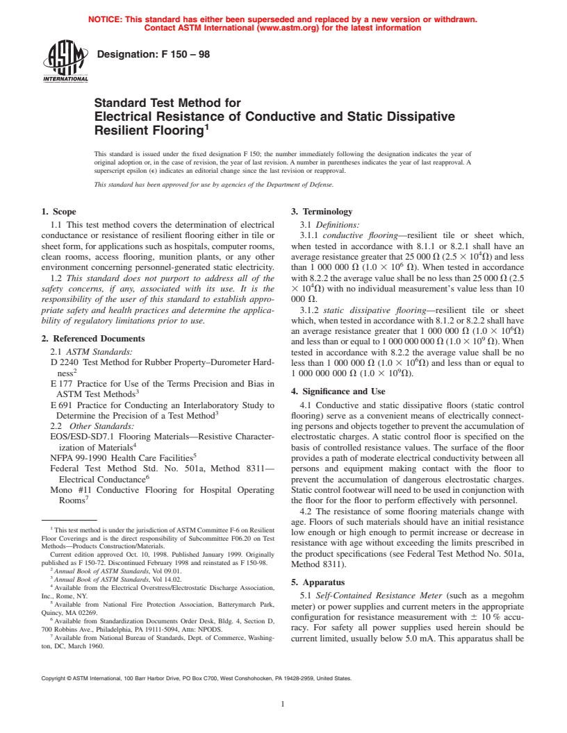 ASTM F150-98 - Standard Test Method for Electrical Resistance of Conductive and Static Dissipative Resilient Flooring