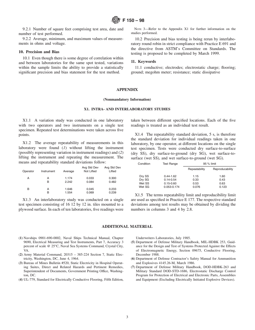 ASTM F150-98 - Standard Test Method for Electrical Resistance of Conductive and Static Dissipative Resilient Flooring