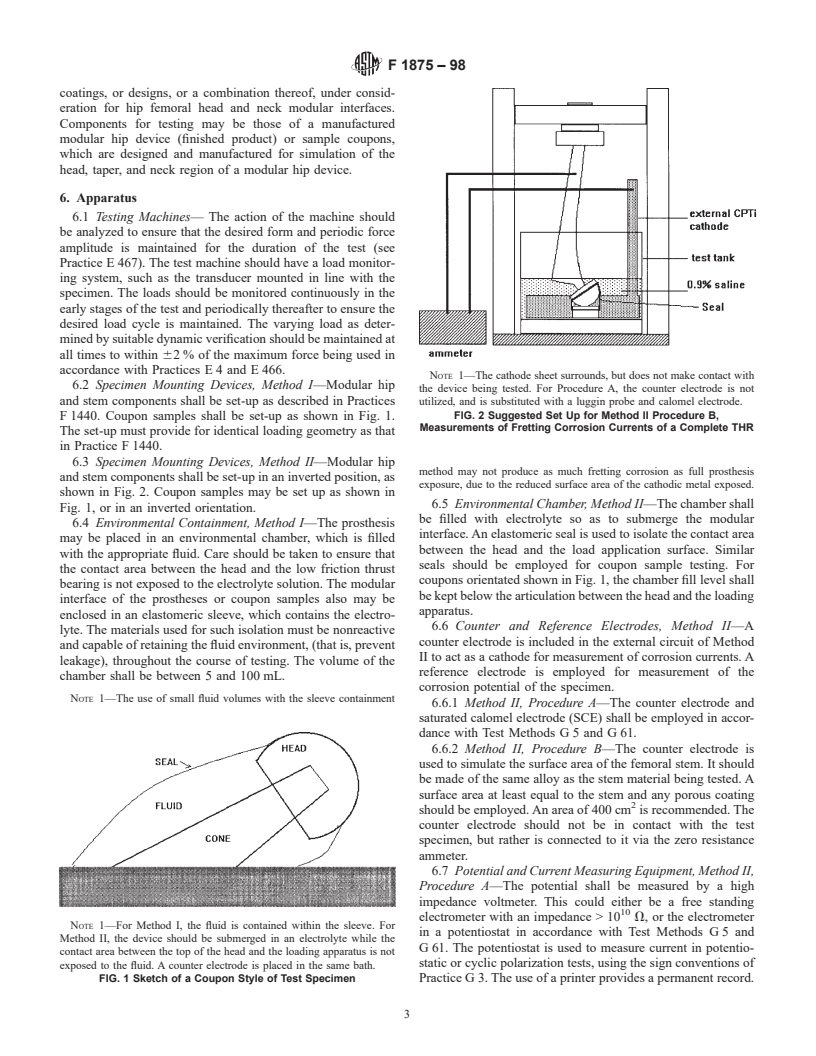 ASTM F1875-98 - Standard Practice for Fretting Corrosion Testing of Modular Implant Interfaces:  Hip Femoral Head-bore and Cone Taper Interface