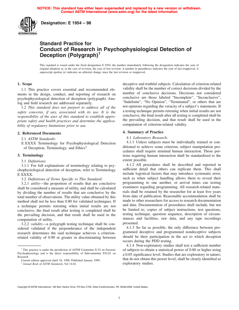 ASTM E1954-98 - Standard Practice for Conduct of Research in Psychophysiological Detection of Deception (Polygraph)