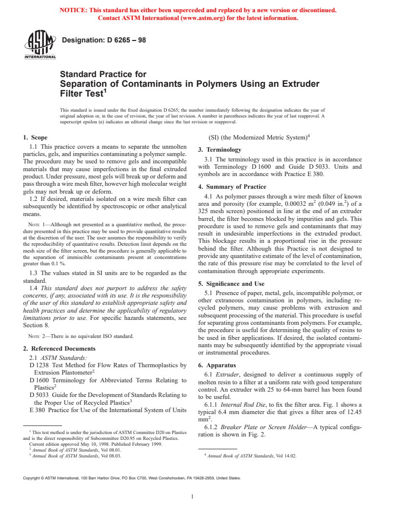 ASTM D6265-98 - Standard Practice for Separation of Contaminants in Polymers Using an Extruder Filter Test