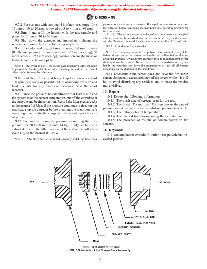 ASTM D6265-98 - Standard Practice for Separation of Contaminants in Polymers Using an Extruder Filter Test