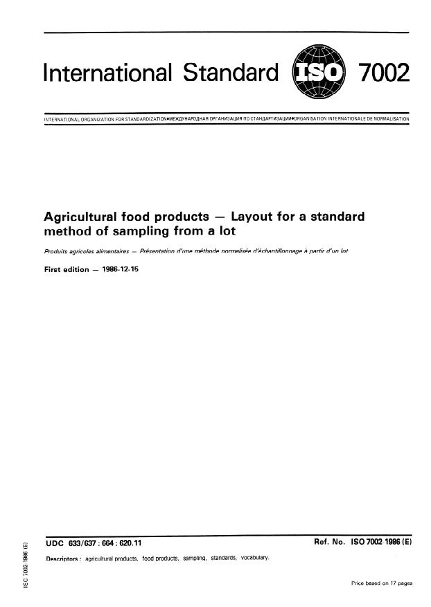 ISO 7002:1986 - Agricultural food products -- Layout for a standard method of sampling from a lot