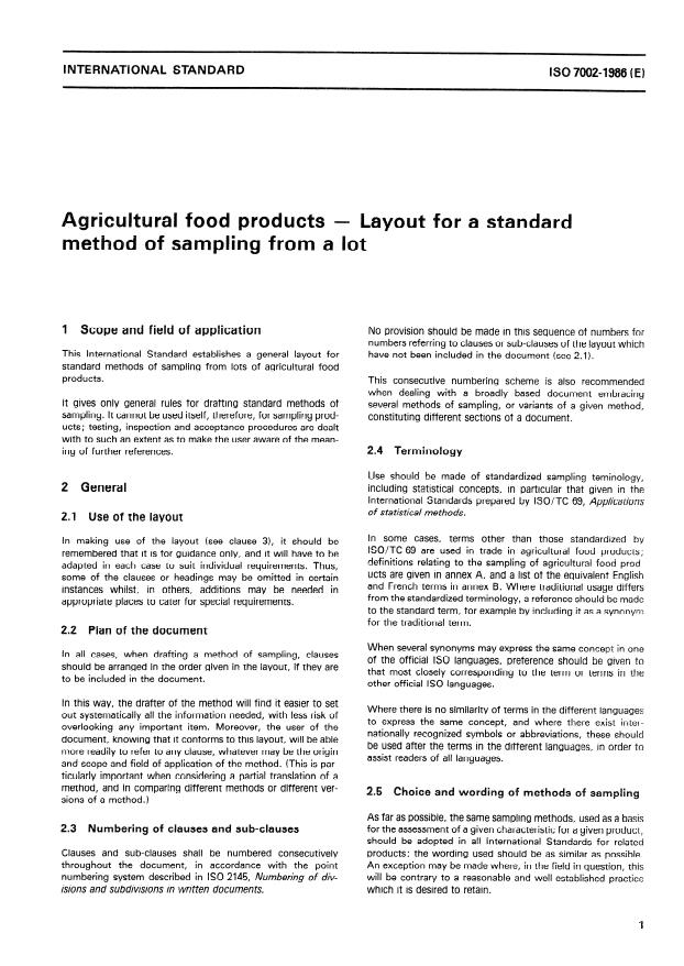 ISO 7002:1986 - Agricultural food products -- Layout for a standard method of sampling from a lot