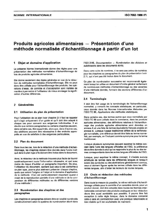 ISO 7002:1986 - Produits agricoles alimentaires -- Présentation d'une méthode normalisée d'échantillonnage a partir d'un lot