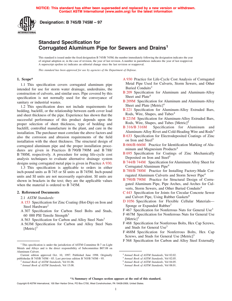 ASTM B745/B745M-97 - Standard Specification for Corrugated Aluminum Pipe for Sewers and Drains