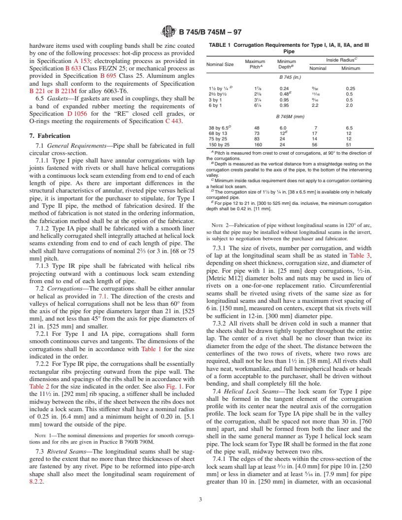 ASTM B745/B745M-97 - Standard Specification for Corrugated Aluminum Pipe for Sewers and Drains