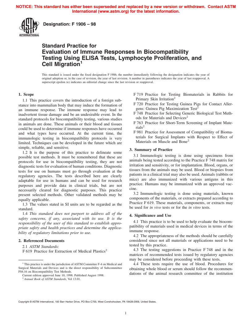 ASTM F1906-98 - Standard Practice for Evaluation of Immune Responses In Biocompatibility Testing Using ELISA Tests, Lymphocyte, Proliferation, and Cell Migration