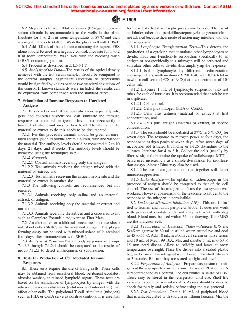 ASTM F1906-98 - Standard Practice for Evaluation of Immune Responses In Biocompatibility Testing Using ELISA Tests, Lymphocyte, Proliferation, and Cell Migration