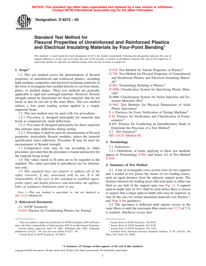 ASTM D6272-02 - Standard Test Method for Flexural Properties of Unreinforced and Reinforced Plastics and Electrical Insulating Materials by Four-Point Bending