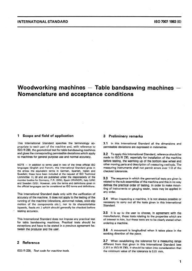 ISO 7007:1983 - Woodworking machines -- Table bandsawing machines -- Nomenclature and acceptance conditions