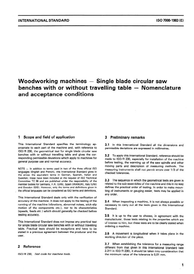 ISO 7008:1983 - Woodworking machines -- Single blade circular saw benches with or without travelling table -- Nomenclature and acceptance conditions