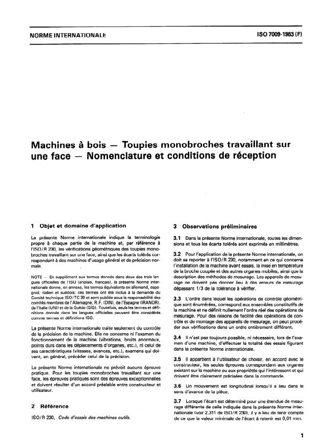 ISO 7009:1983 - Machines a bois -- Toupies monobroches travaillant sur une face -- Nomenclature et conditions de réception