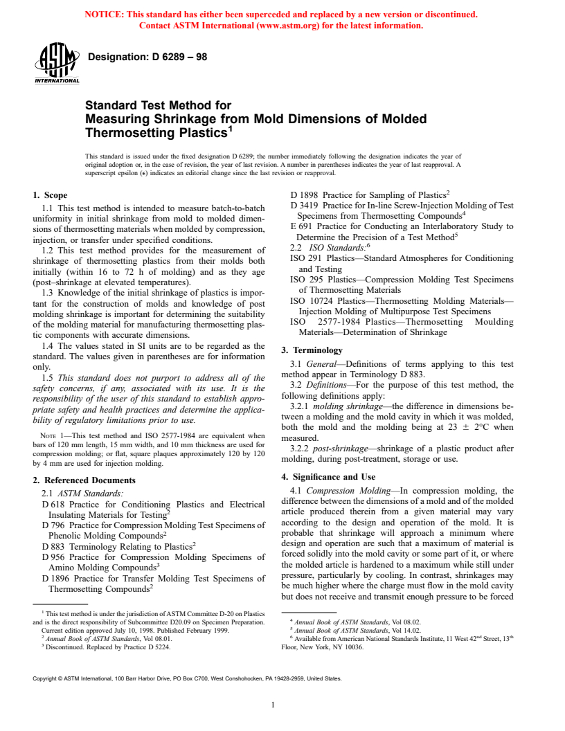 ASTM D6289-98 - Standard Test Method for Measuring Shrinkage from Mold Dimensions of Molded Thermosetting Plastics