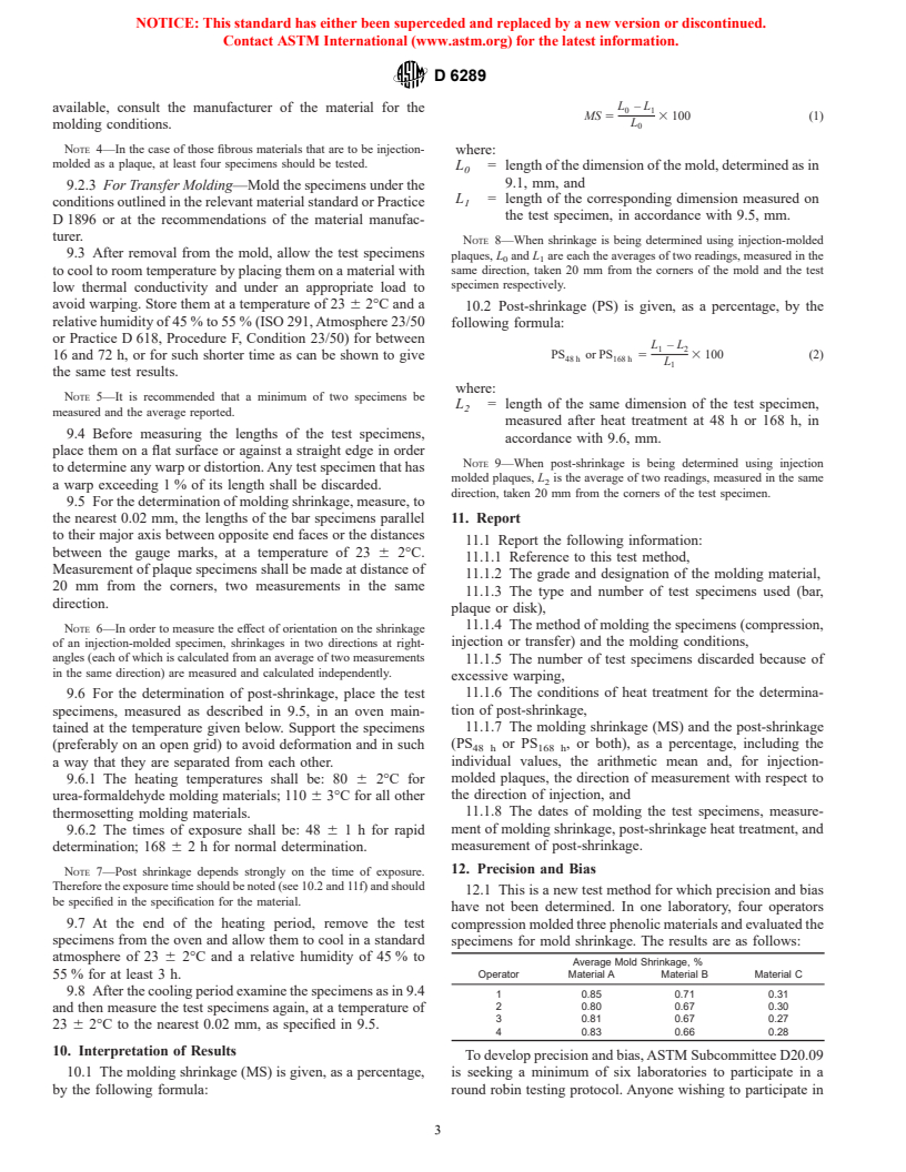 ASTM D6289-98 - Standard Test Method for Measuring Shrinkage from Mold Dimensions of Molded Thermosetting Plastics