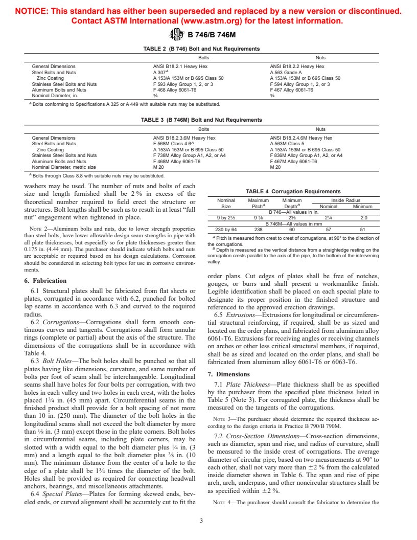 ASTM B746/B746M-01 - Standard Specification for Corrugated Aluminum Alloy Structural Plate for Field-Bolted Pipe, Pipe-Arches, and Arches