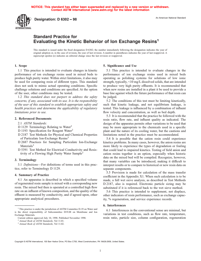 ASTM D6302-98 - Standard Practice for Evaluating the Kinetic Behavior of Ion Exchange Resins