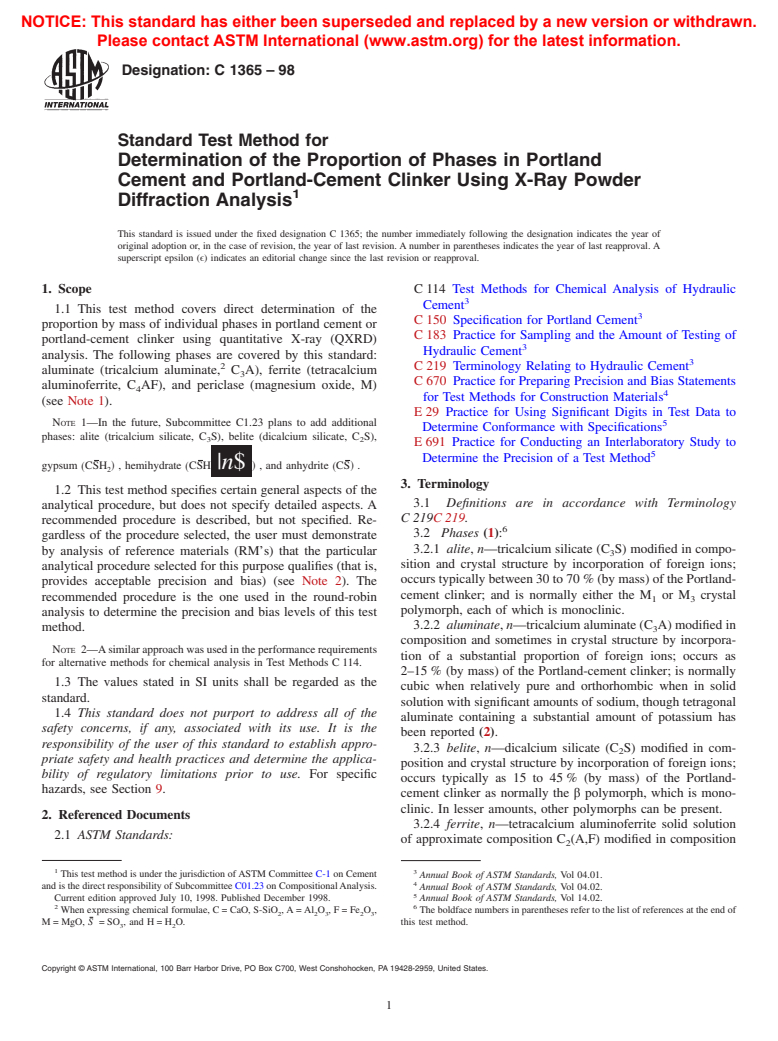 ASTM C1365-98 - Standard Test Method for Determination of the Proportion of Phases in Portland Cement and Portland-Cement Clinker Using X-Ray Powder Diffraction Analysis