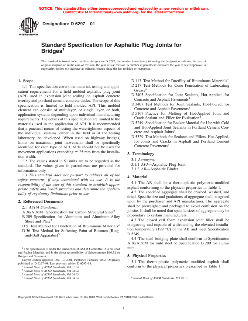 ASTM D6297-01 - Standard Specification for Asphaltic Plug Joints for Bridges