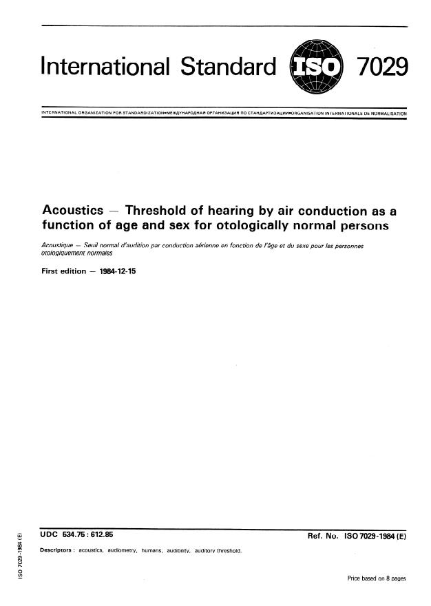 ISO 7029:1984 - Acoustics -- Threshold of hearing by air conduction as a function of age and sex for otologically normal persons