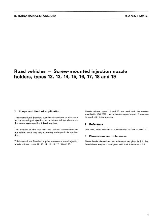 ISO 7030:1987 - Road vehicles -- Screw-mounted injection nozzle holders, types 12, 13, 14, 15, 16, 17, 18 and 19