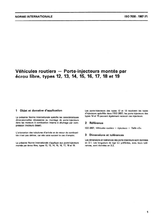 ISO 7030:1987 - Véhicules routiers -- Porte-injecteurs montés par écrou libre, types 12, 13, 14, 15, 16, 17, 18 et 19