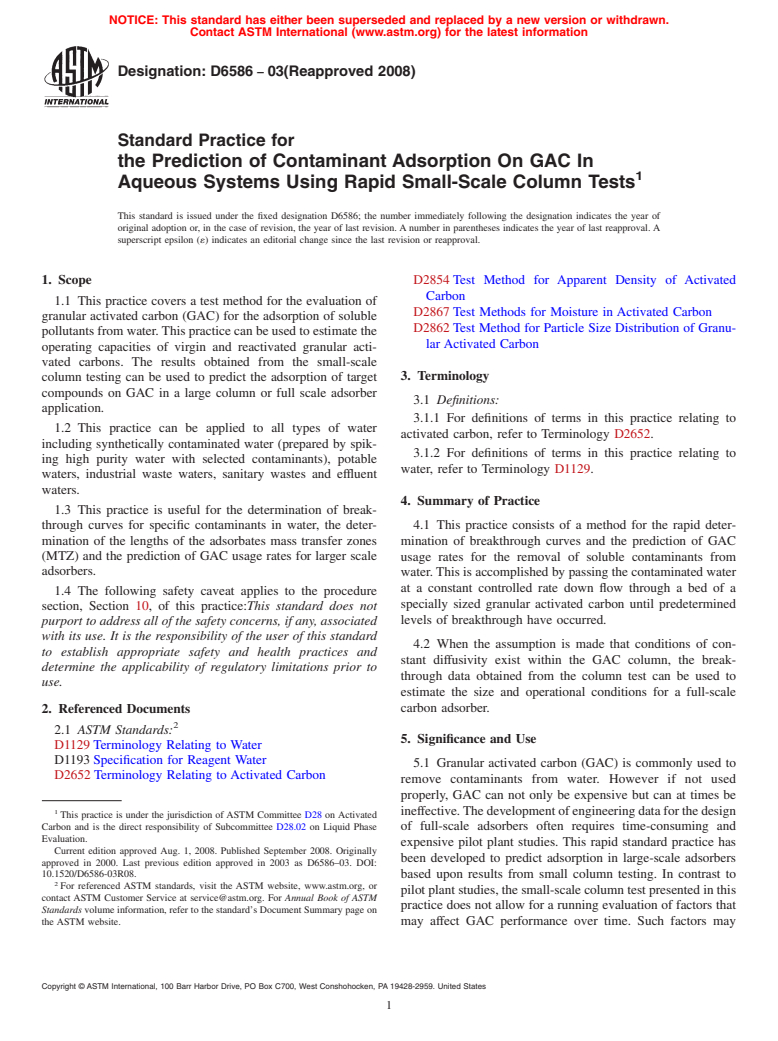 ASTM D6586-03(2008) - Standard Practice for the Prediction of Contaminant Adsorption On GAC In Aqueous Systems Using Rapid Small-Scale Column Tests