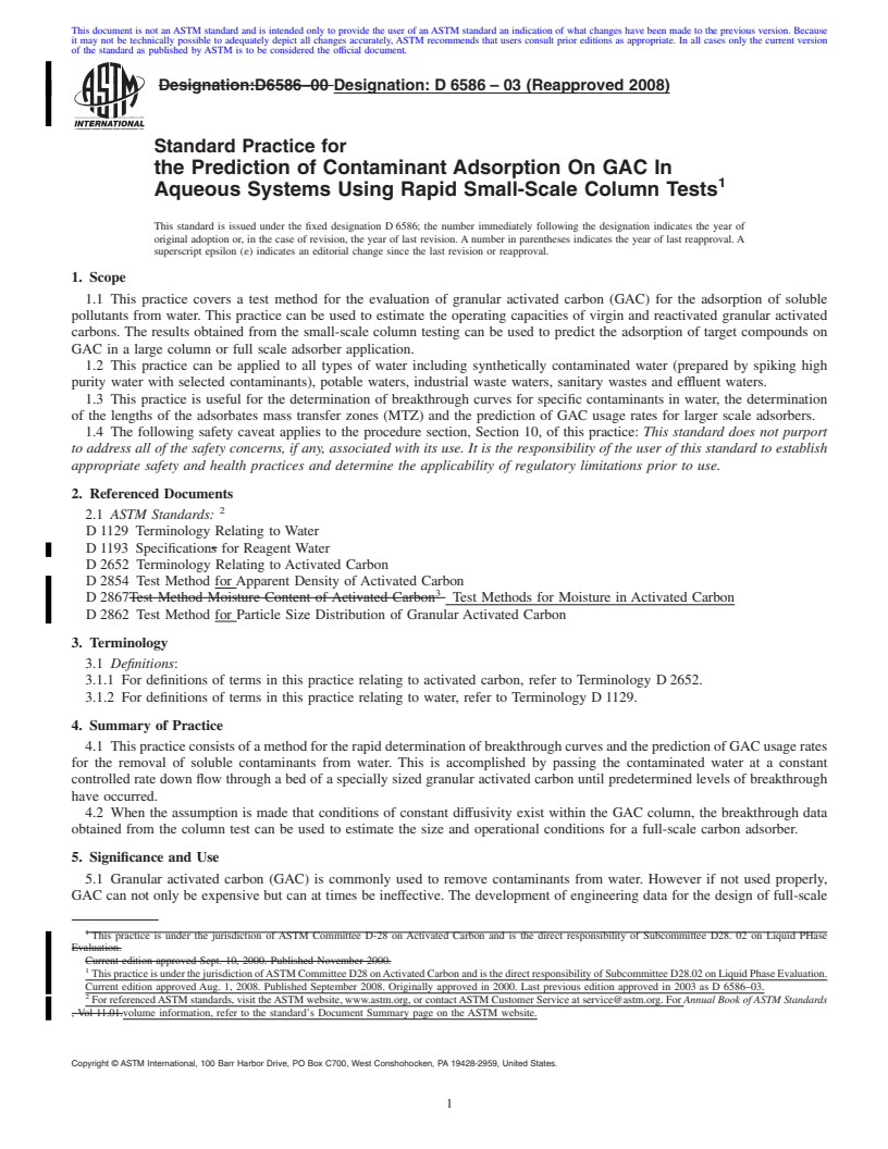 REDLINE ASTM D6586-03(2008) - Standard Practice for the Prediction of Contaminant Adsorption On GAC In Aqueous Systems Using Rapid Small-Scale Column Tests