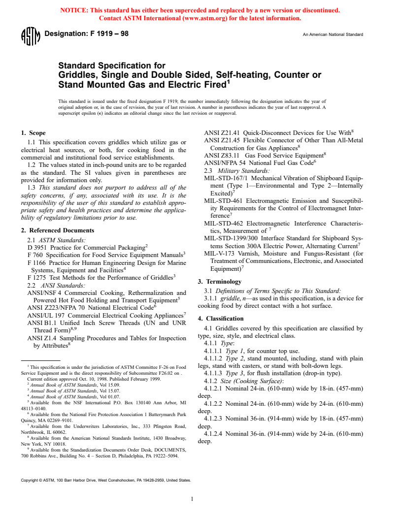 ASTM F1919-98 - Standard Specification for Griddles, Single and Double Sided, Self-heating, Counter or Stand Mounted Gas and Electric Fired