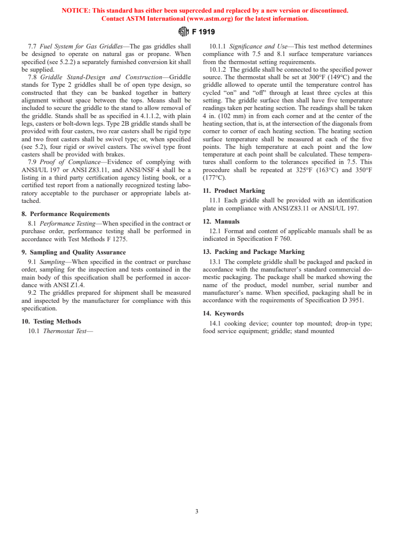 ASTM F1919-98 - Standard Specification for Griddles, Single and Double Sided, Self-heating, Counter or Stand Mounted Gas and Electric Fired