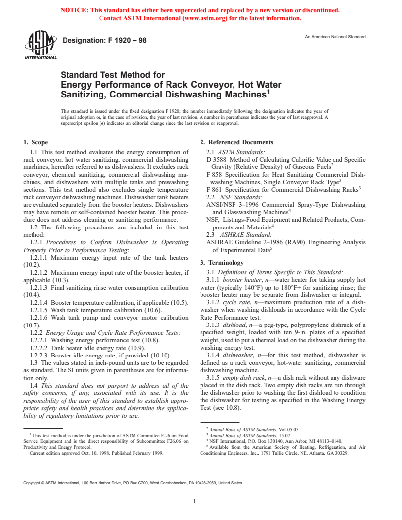 ASTM F1920-98 - Standard Test Method for Energy Performance of Rack Conveyor, Hot Water Sanitizing, Commercial Dishwashing Machines